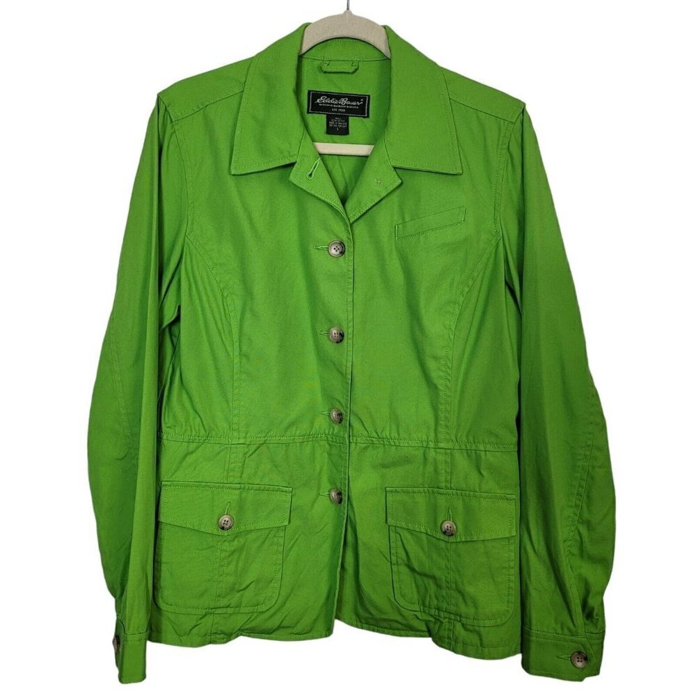 Eddie Bauer Women's Jacket Military Cut Sz Large Chartreuse Green Casual Cotton